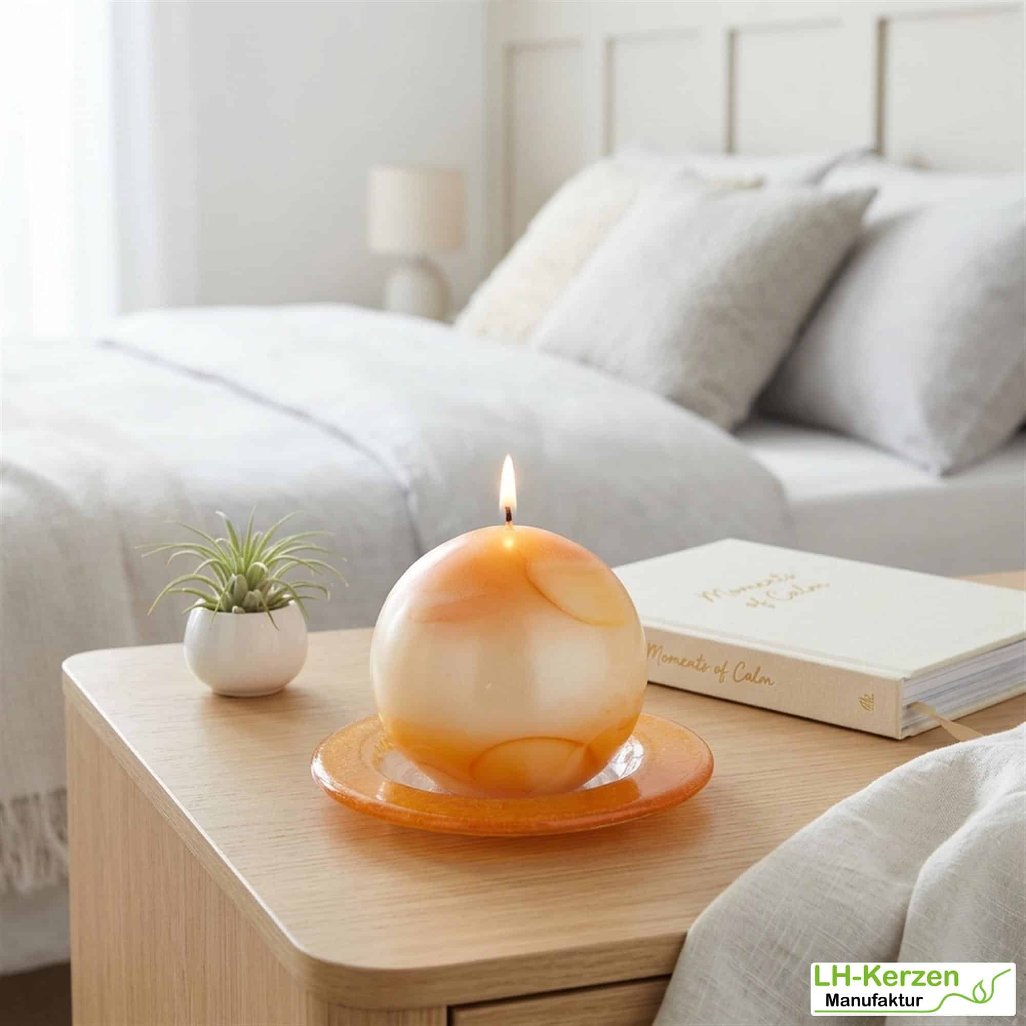Kugelkerze in Weiß-Orange – moderne Designkerze mit sanfter Marmorierung