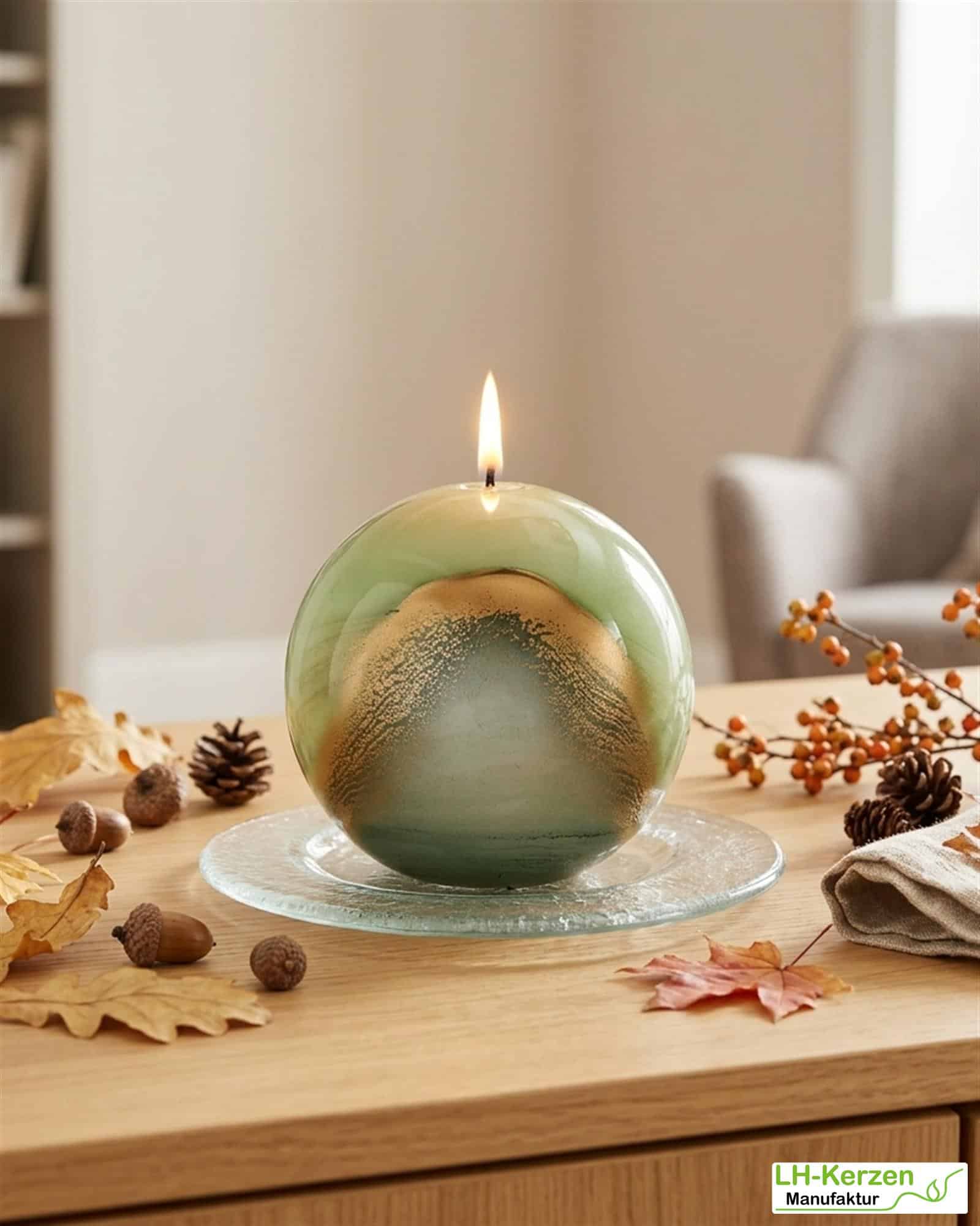 Kugelkerze „Lotus“ in Waldgrün – moderne Designkerze mit ruhiger Marmorierung
