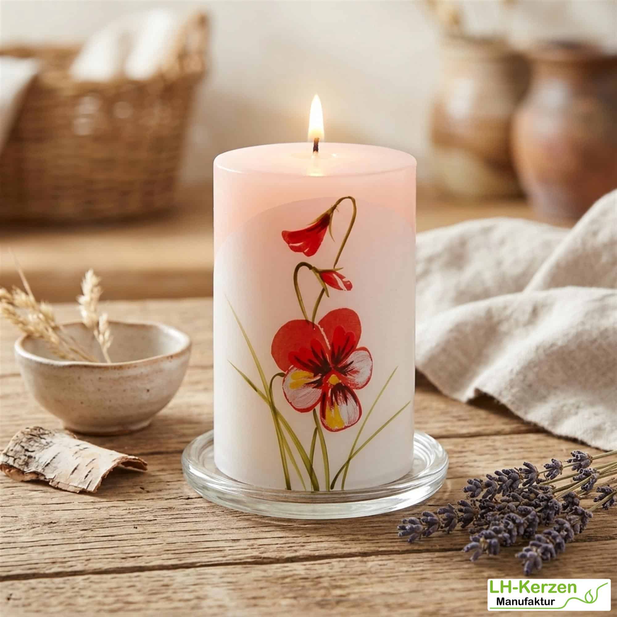ViolaGrace – Handverzierte Stumpenkerze mit Stiefmütterchen, Rosé-Weiß, florale Designkerze