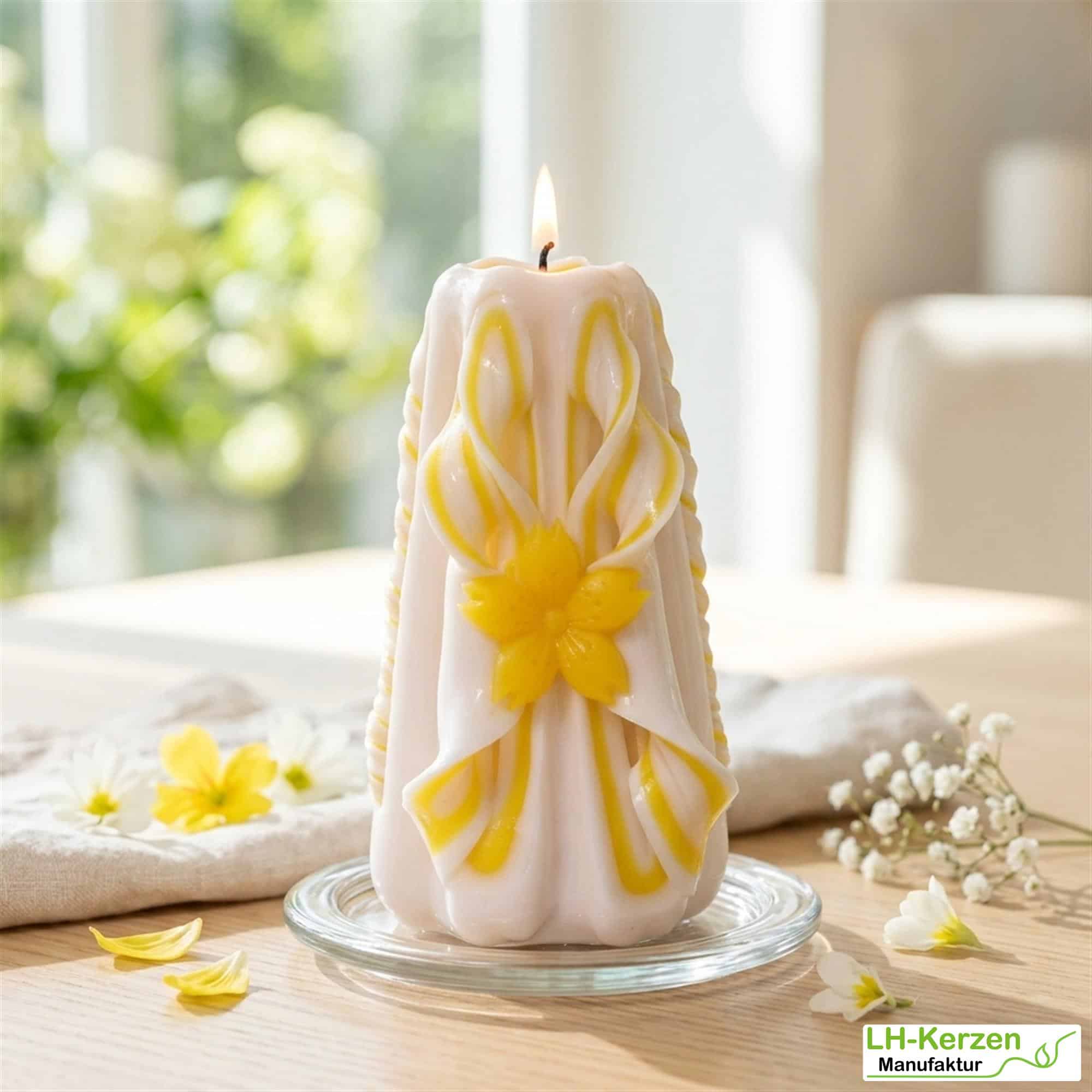 Sol’s Radiance – Handgeschnitzte weiß-gelbe Kerze, kunstvolle Designkerze für festliche Anlässe