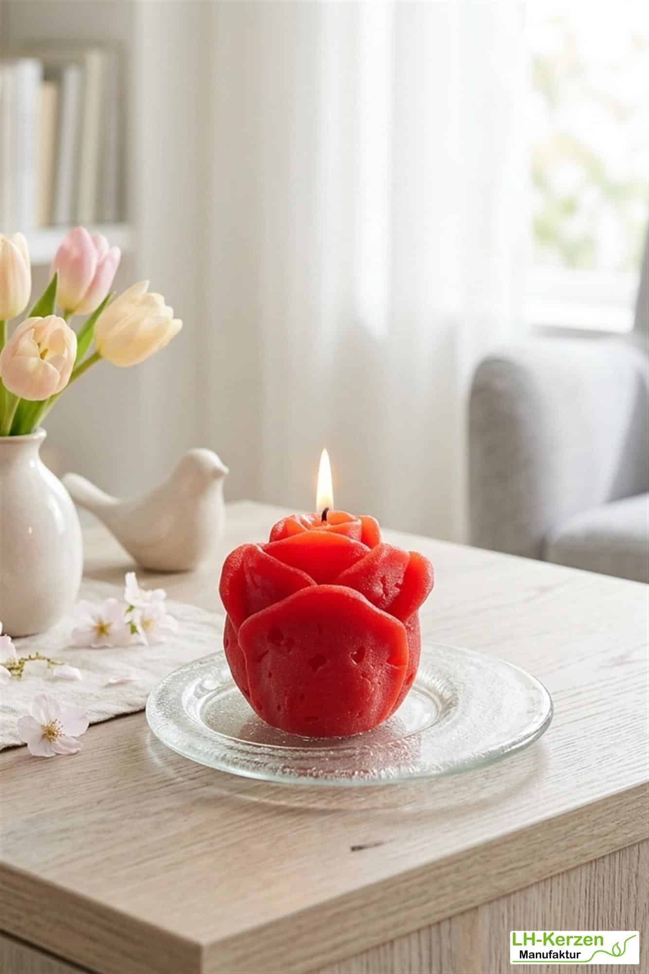 Rote Rosenkerze "Liebesfeuer", personalisierbare Kerze in Rosenknospenform