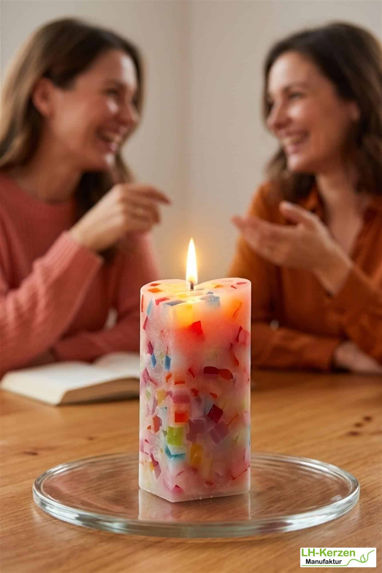Farbenfrohe Würfelwachskerze in Herzform, bunte Herzkerze 'Farbenspiel', personalisierbar