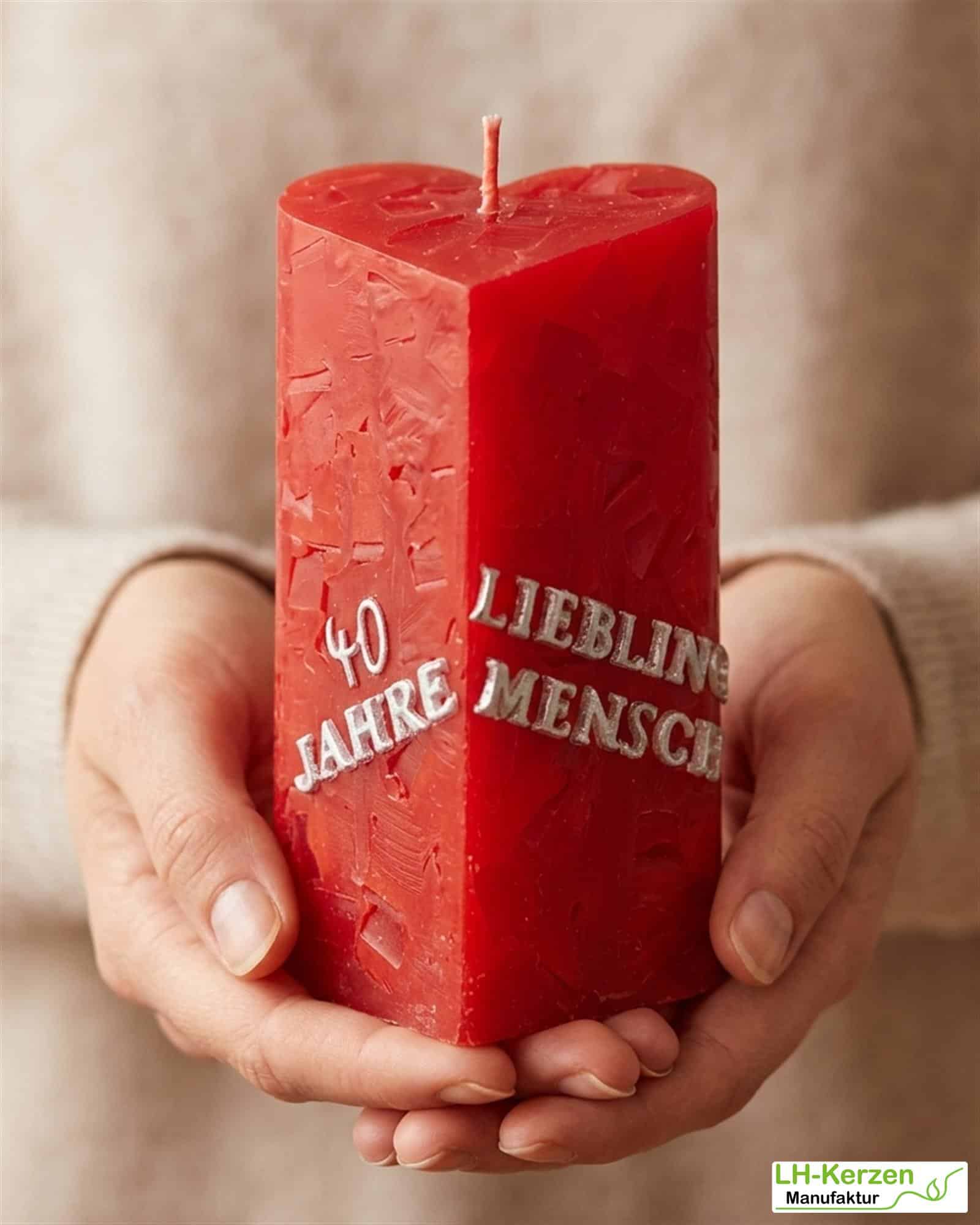 Rote Würfelwachskerze in Herzform, Herzkerze 'Flammendes Herz', personalisierbar