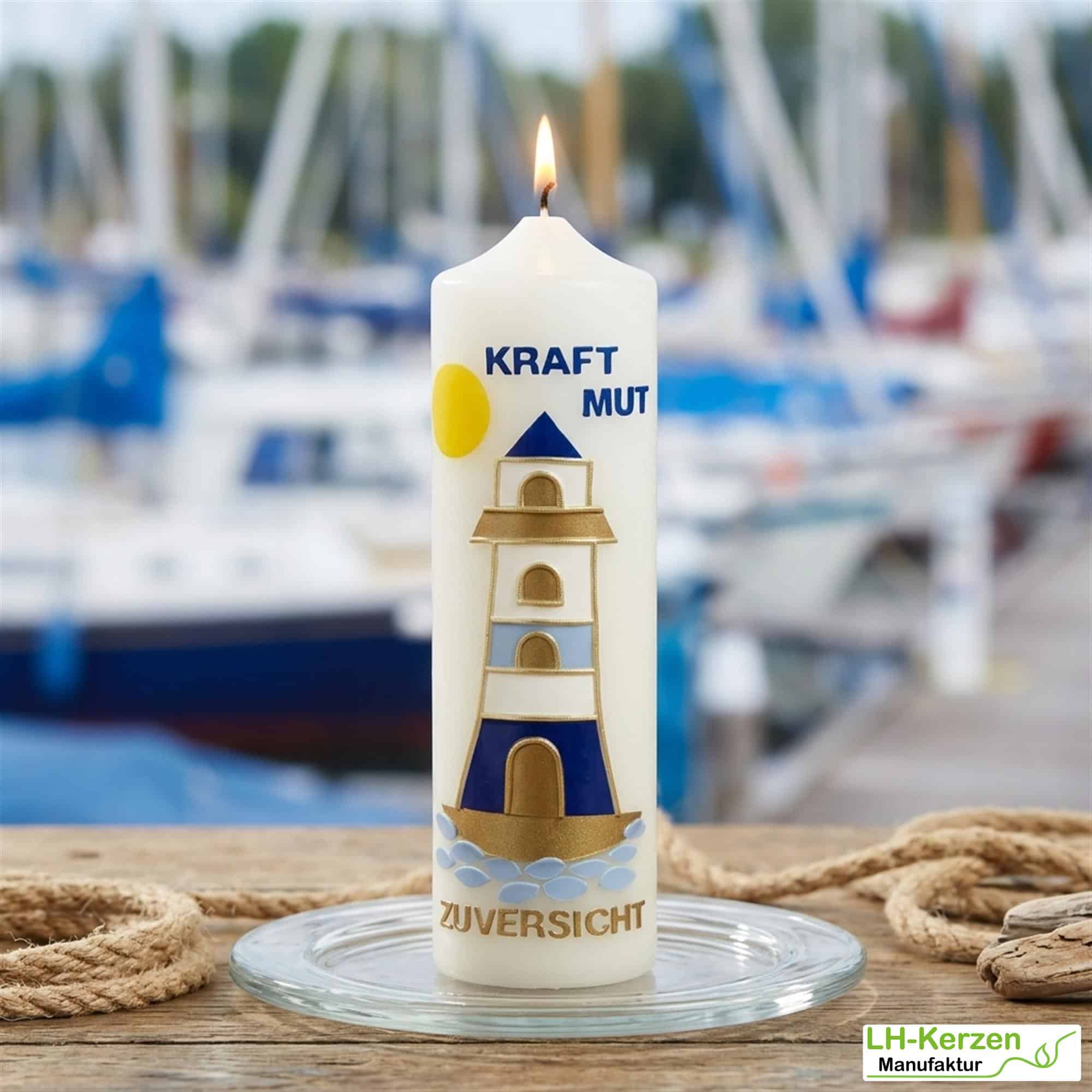 Spruchkerze in elfenbein "Kraft Mut Zuversicht" mit Leuchtturm mit Echtwachsbeschriftung