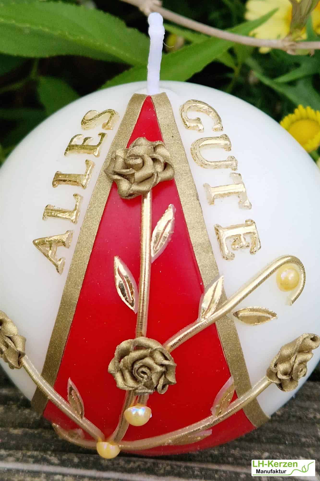 Personalisierbare Kugelkerze Alles Gute - Handgefertigte Kerze mit Blumen