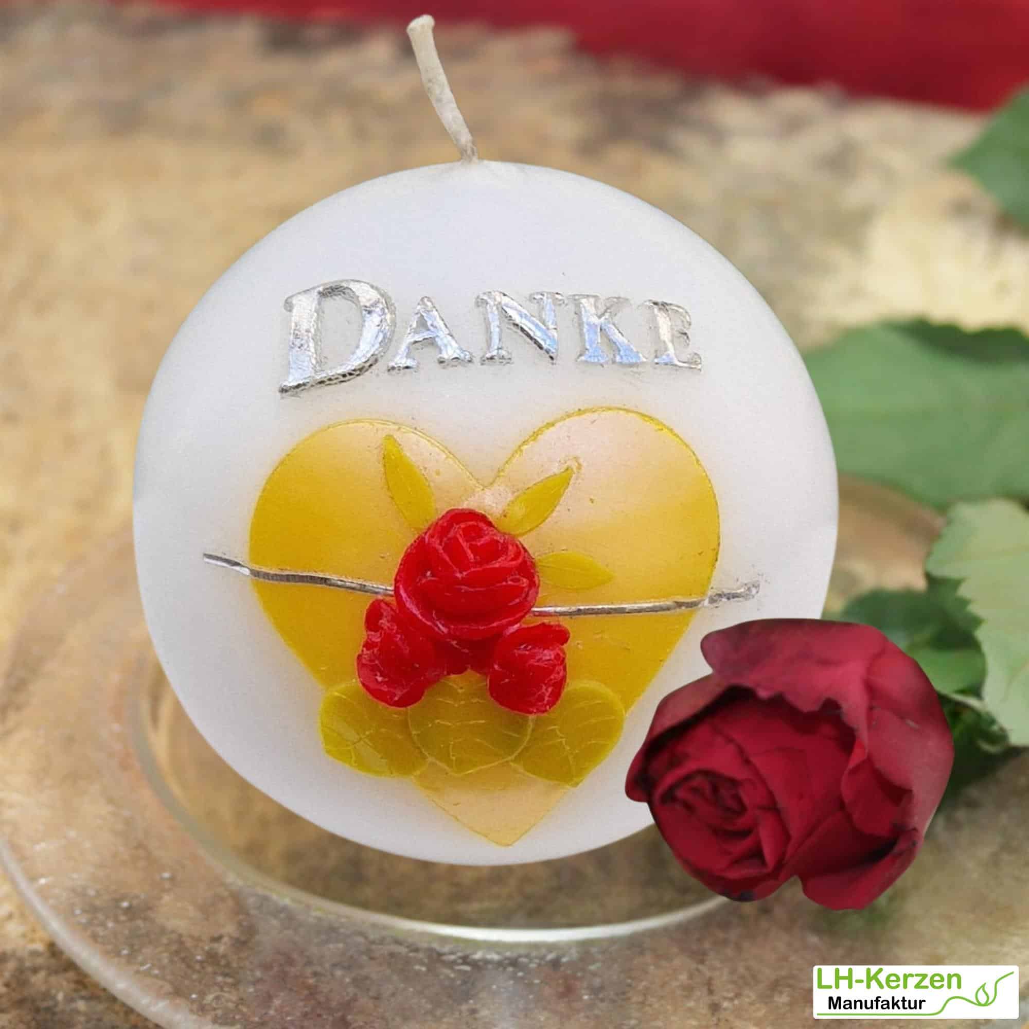 Kugelkerze "Danke" mit Rosen und Herz - Handgefertigtes Dankeschön-Geschenk, personalisierbar