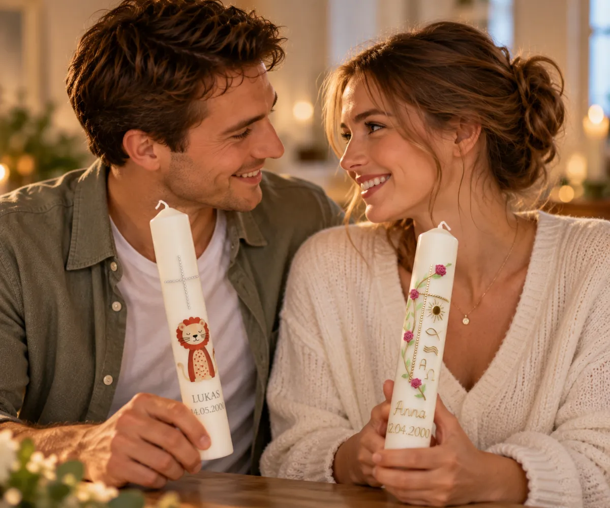 Anna und Lukas mit ihren beiden Taufkerzen