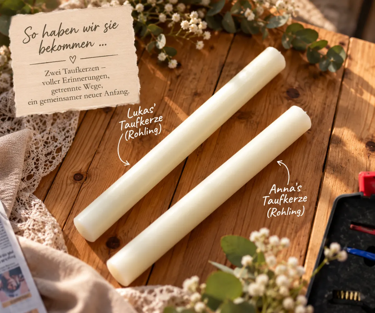 Zwei helle Kerzenrohlinge liegen als Ausgangsmaterial für eine gemeinsame Hochzeitskerze auf einem Holztisch.