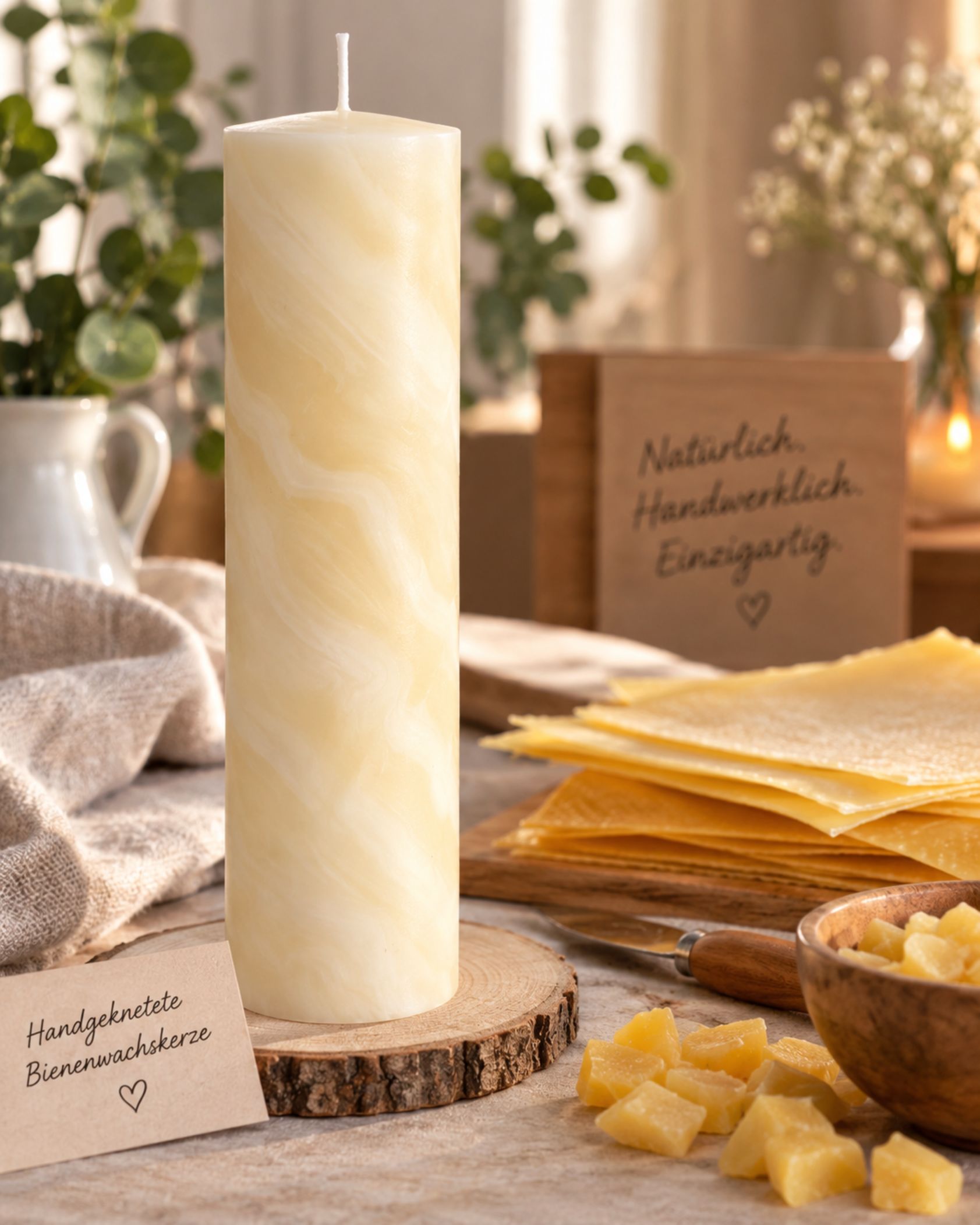 Handgekneteter Bienenwachskerzenrohling Heller, handgekneteter Bienenwachskerzenrohling mit marmorierter Oberfläche auf einem Holzteller