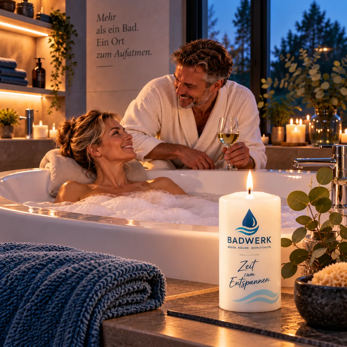 Brennende Badwerk-Werbekerze neben einer Badewanne