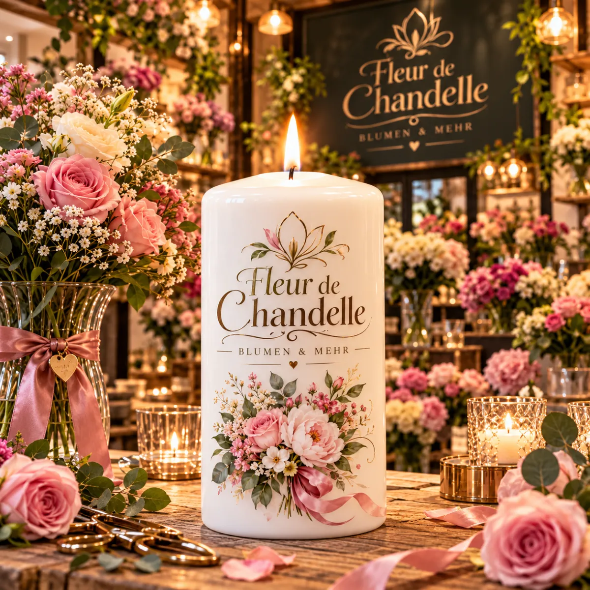 Weiße Werbekerze mit Blumenmotiv und brennender Flamme zwischen Blumensträußen