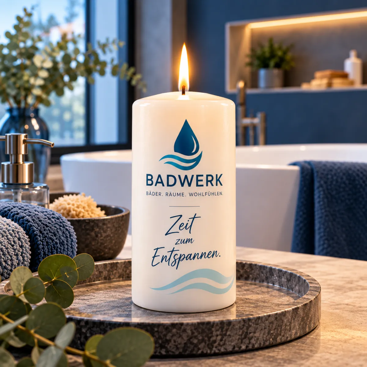 Brennende Werbekerze von Badwerk in einem stilvoll eingerichteten Badezimmer