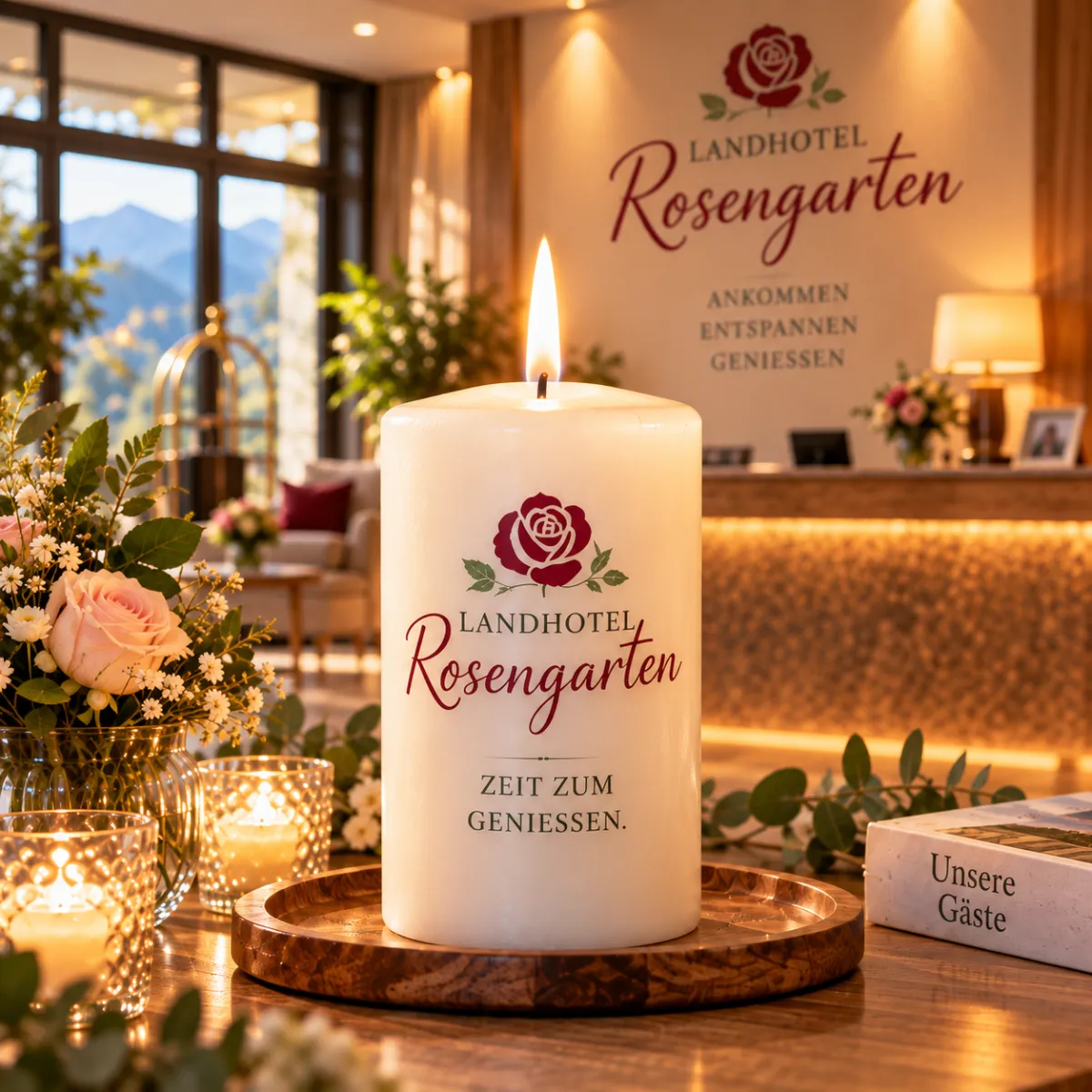 Brennende Kerze mit dem Schriftzug „Landhotel Rosengarten“ auf einem Empfangstresen