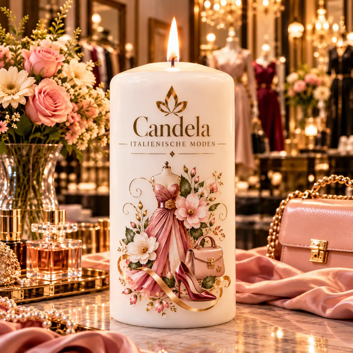 Brennende, floral gestaltete Kerze mit Modeillustration in einer eleganten Boutique