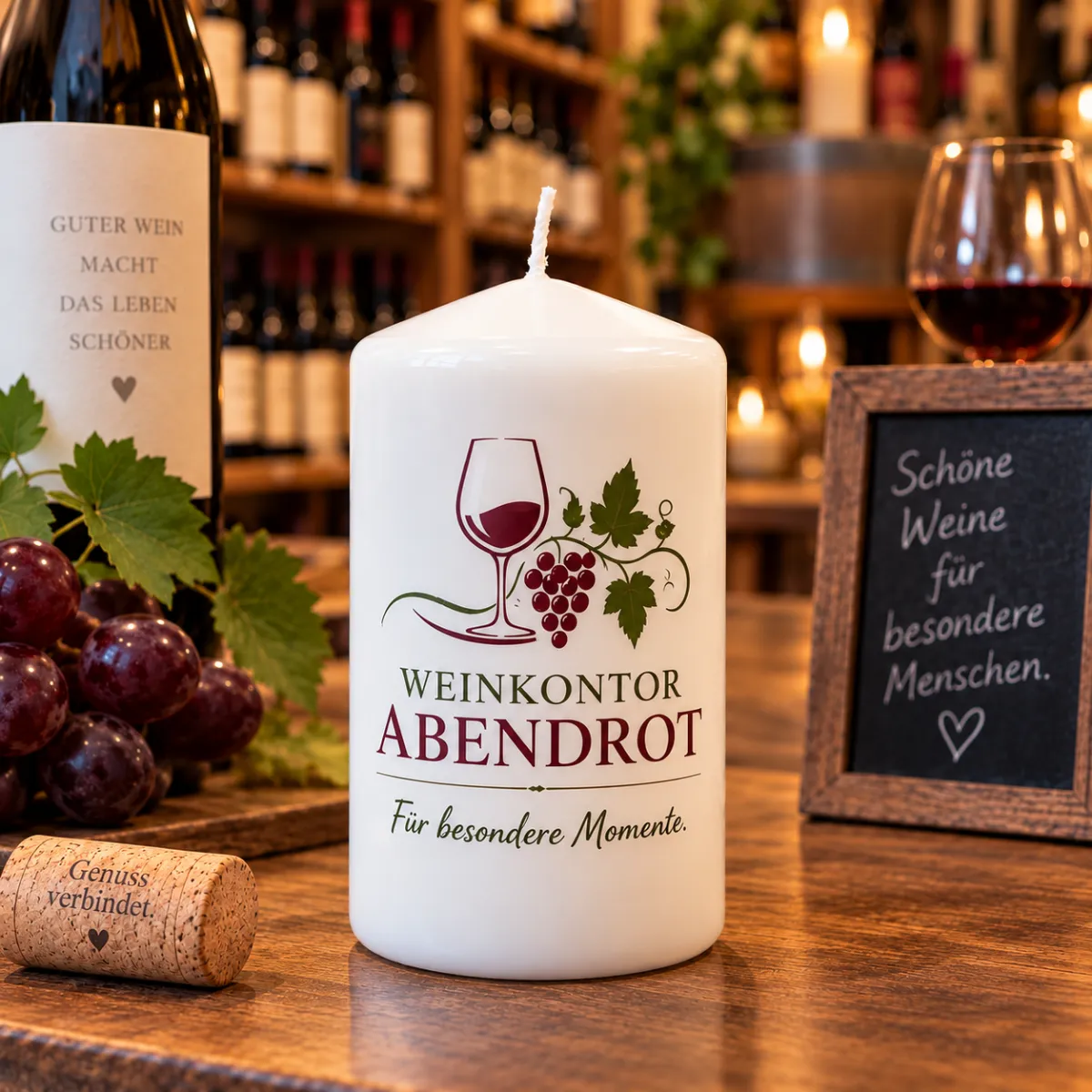 Weiße Kerze mit Weinmotiv und dem Schriftzug „Weinkontor Abendrot“ neben Weinflasche und Rotweinglas