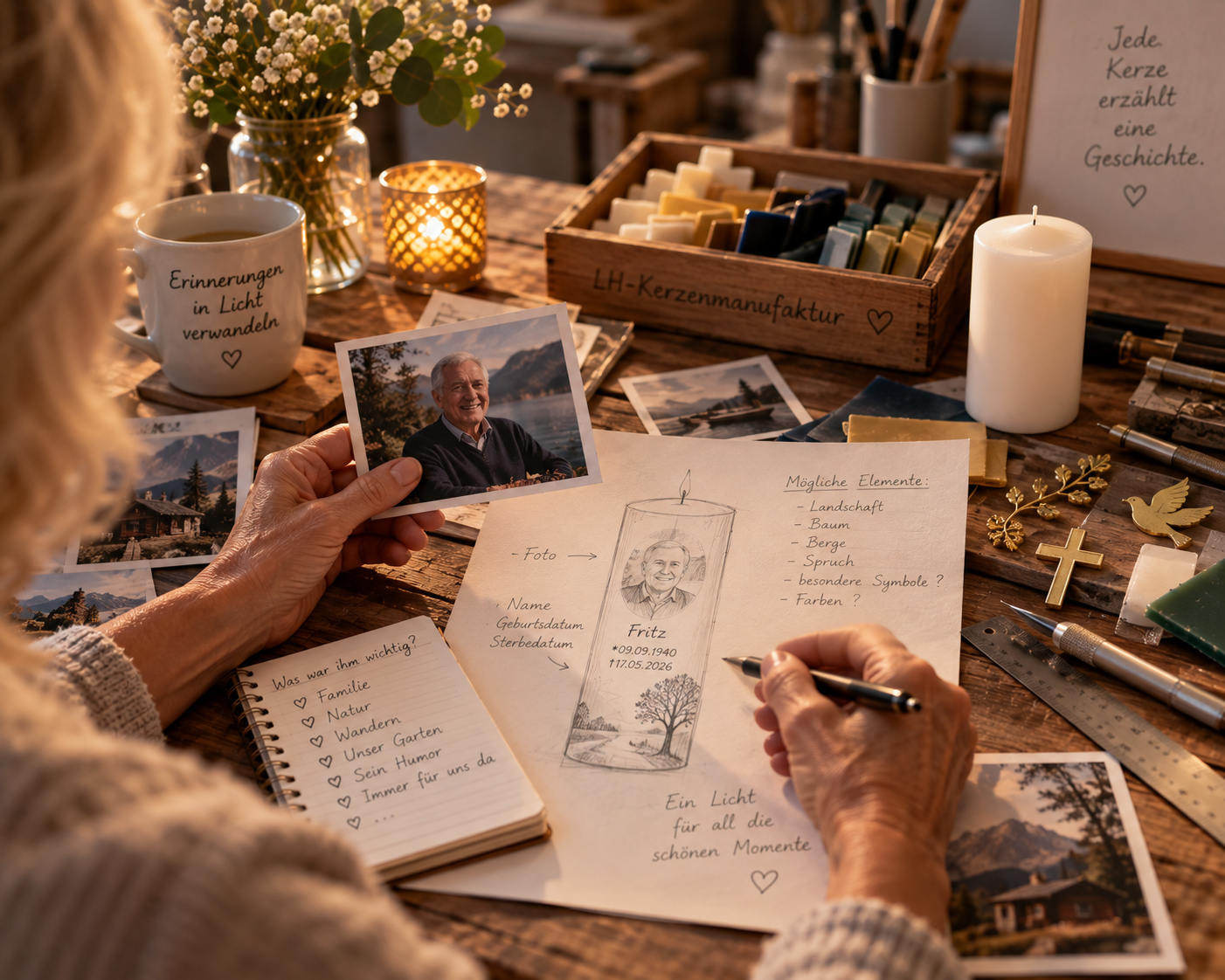 Entwurf für eine persönliche Erinnerungskerze Hände entwickeln an einem Arbeitstisch anhand eines Fotos und handschriftlicher Notizen den Entwurf einer Erinnerungskerze.