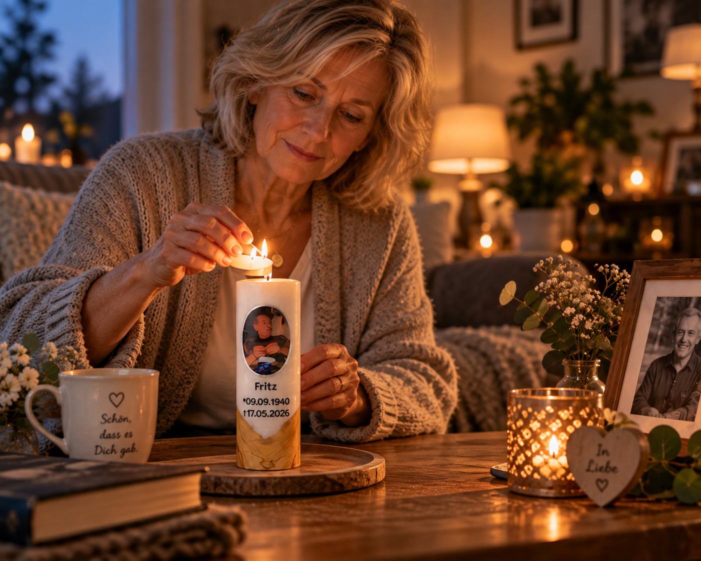 Erinnerungskerze im warmen Zuhause Ältere Frau setzt ein Teelicht in eine Erinnerungskerze neben einem gerahmten Foto ein.