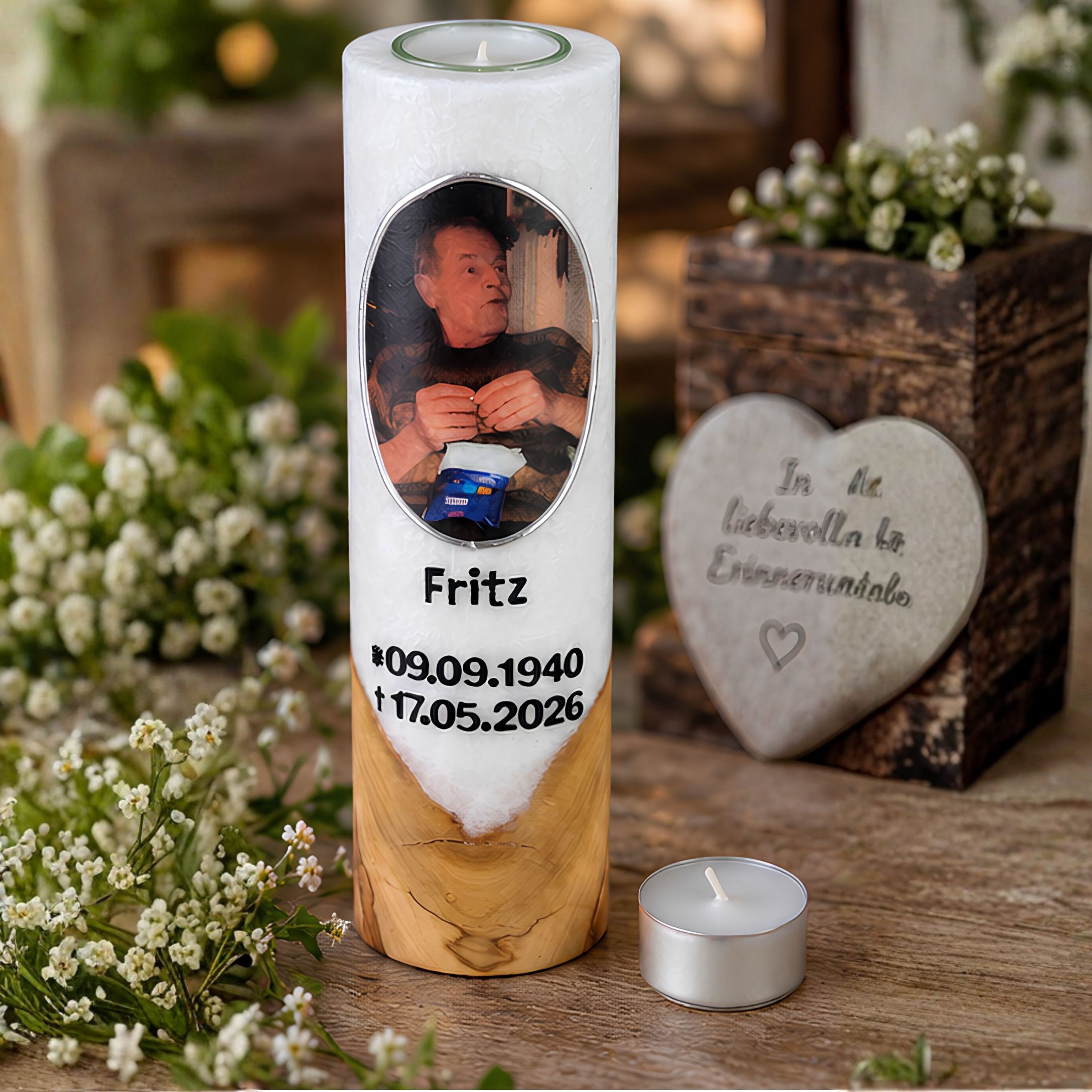 Persönliche Erinnerungskerze mit Foto Weiße Holzkerze mit persönlichem Foto, Namen und Lebensdaten neben einem austauschbaren Teelicht