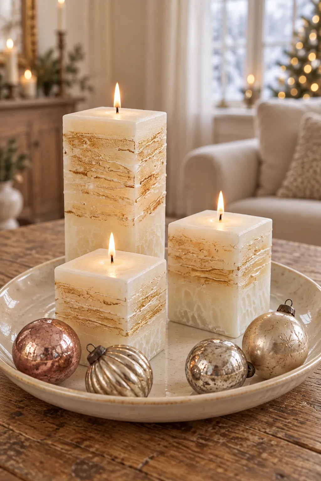 Drei brennende helle Kerzen mit goldener Struktur stehen mit Weihnachtskugeln auf einem Tablett.