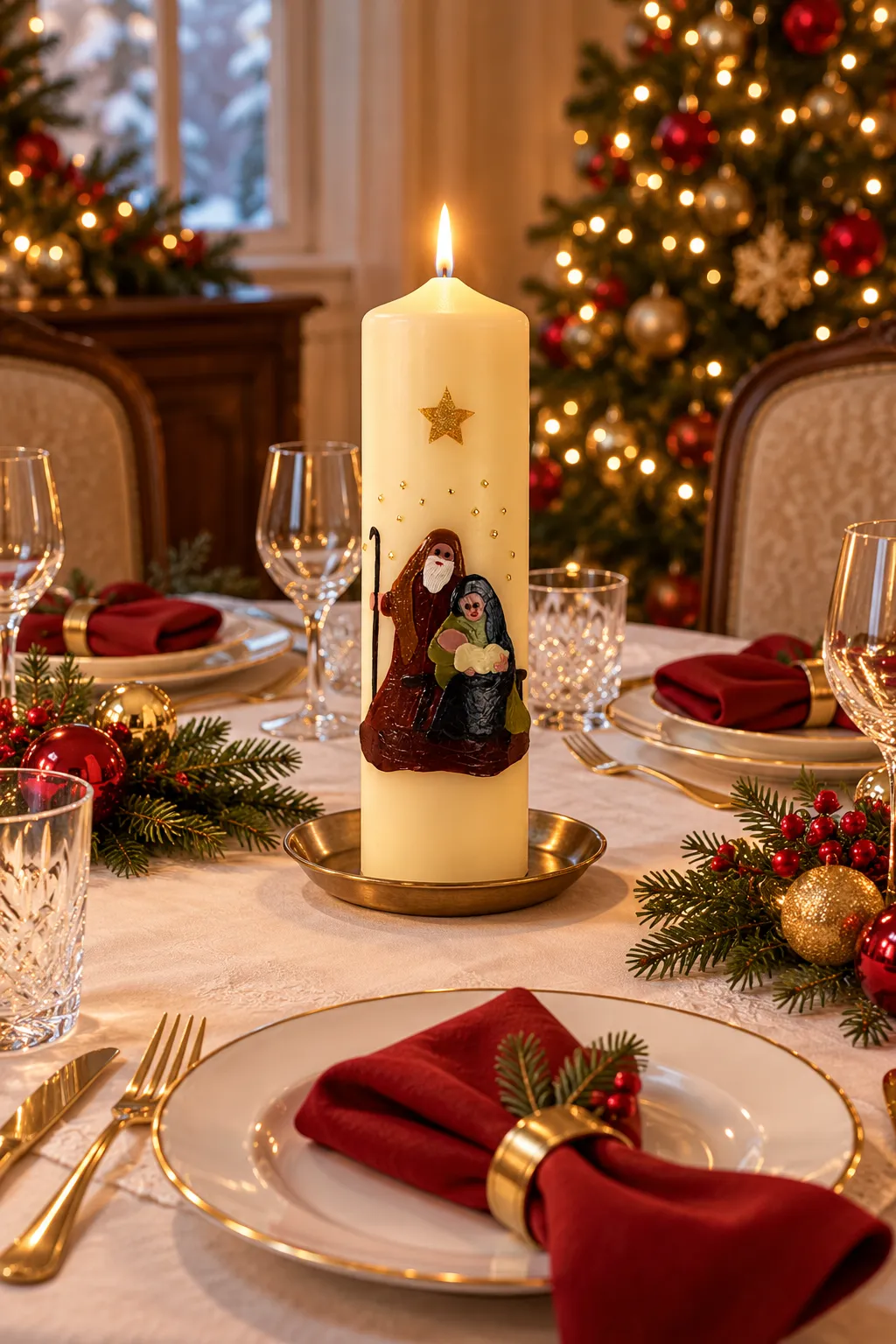 Brennende cremefarbene Kerze mit Krippenszene auf einem gedeckten Weihnachtstisch