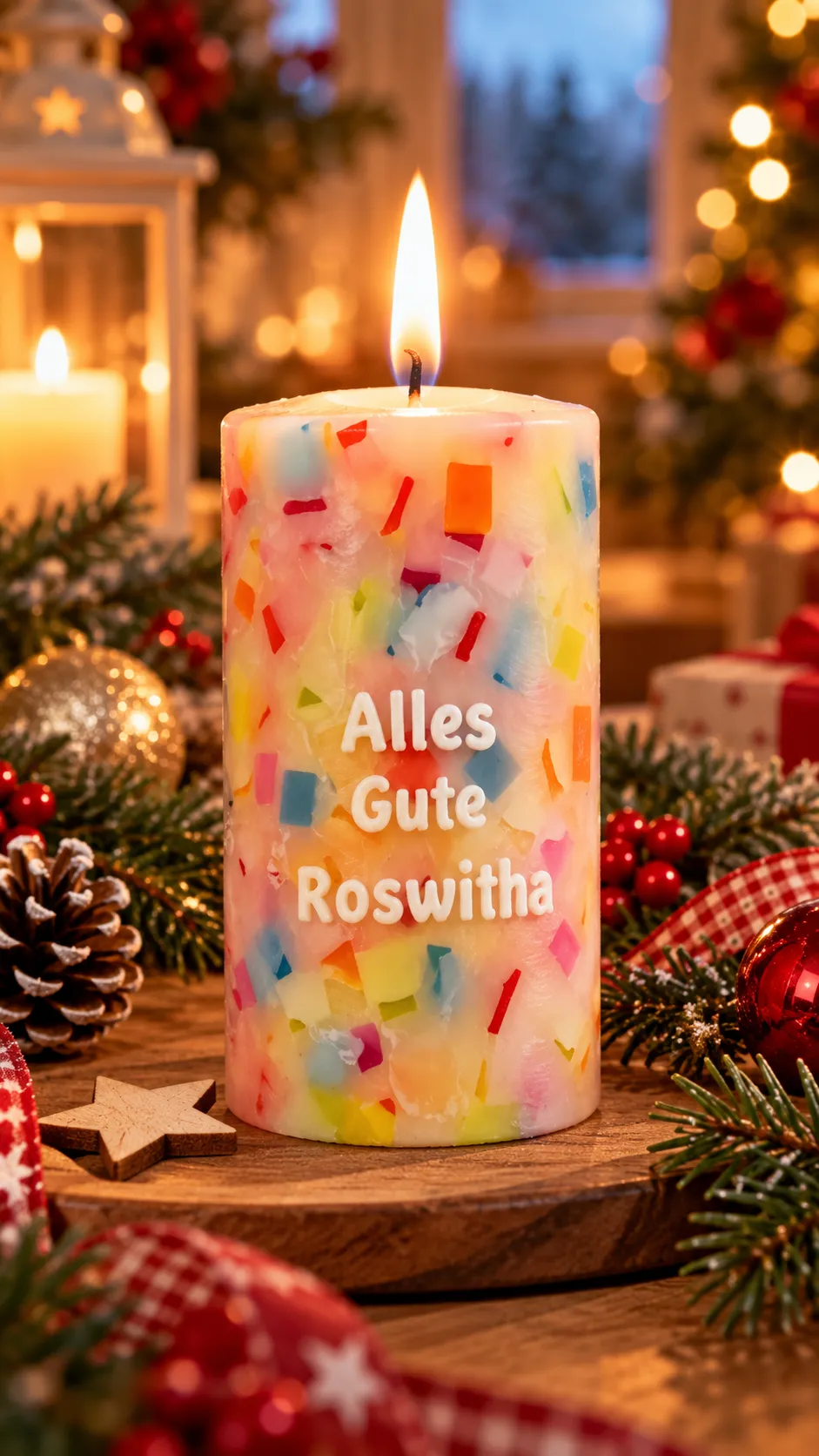 Bunte Stumpenkerze mit brennender Flamme und der Widmung „Alles Gute Roswitha“ zwischen weihnachtlicher Dekoration