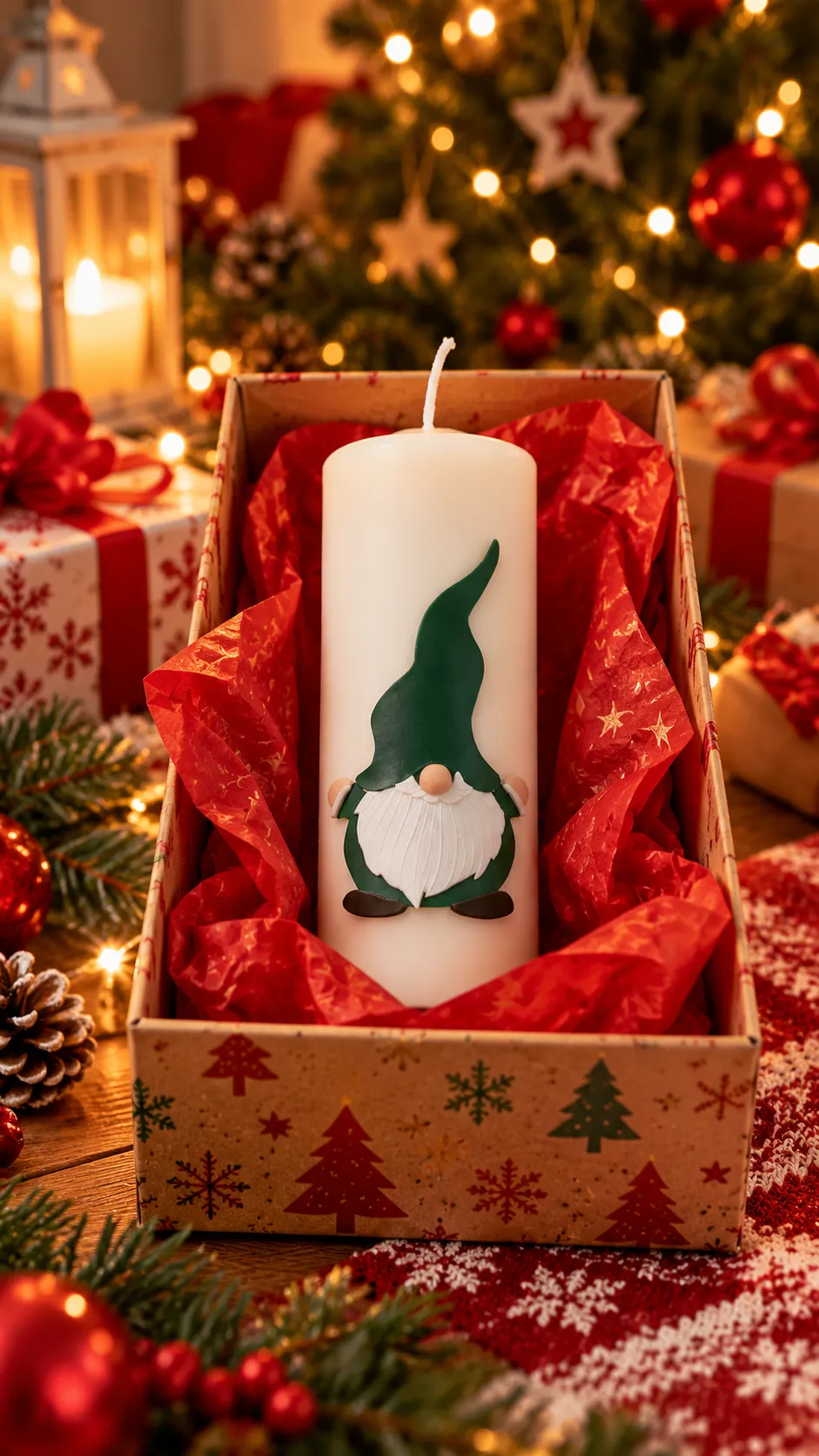 Weiße Kerze mit grünem Weihnachtsgnom in rotem Seidenpapier und festlich bedrucktem Geschenkkarton