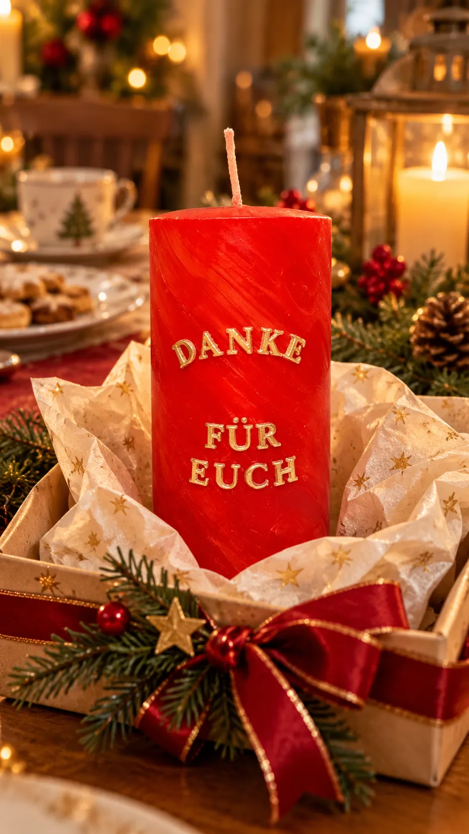 Rote Kerze mit goldener Aufschrift „DANKE FÜR EUCH“ in einer weihnachtlich dekorierten Geschenkbox