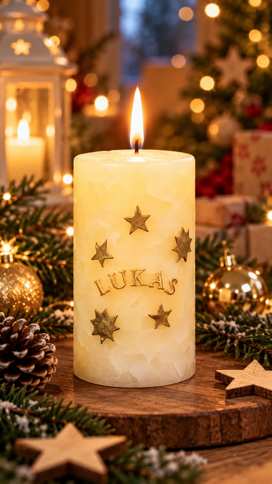 Elfenbeinfarbene Weihnachtskerze mit brennender Flamme, goldenen Sternen und dem Namen „LUKAS“