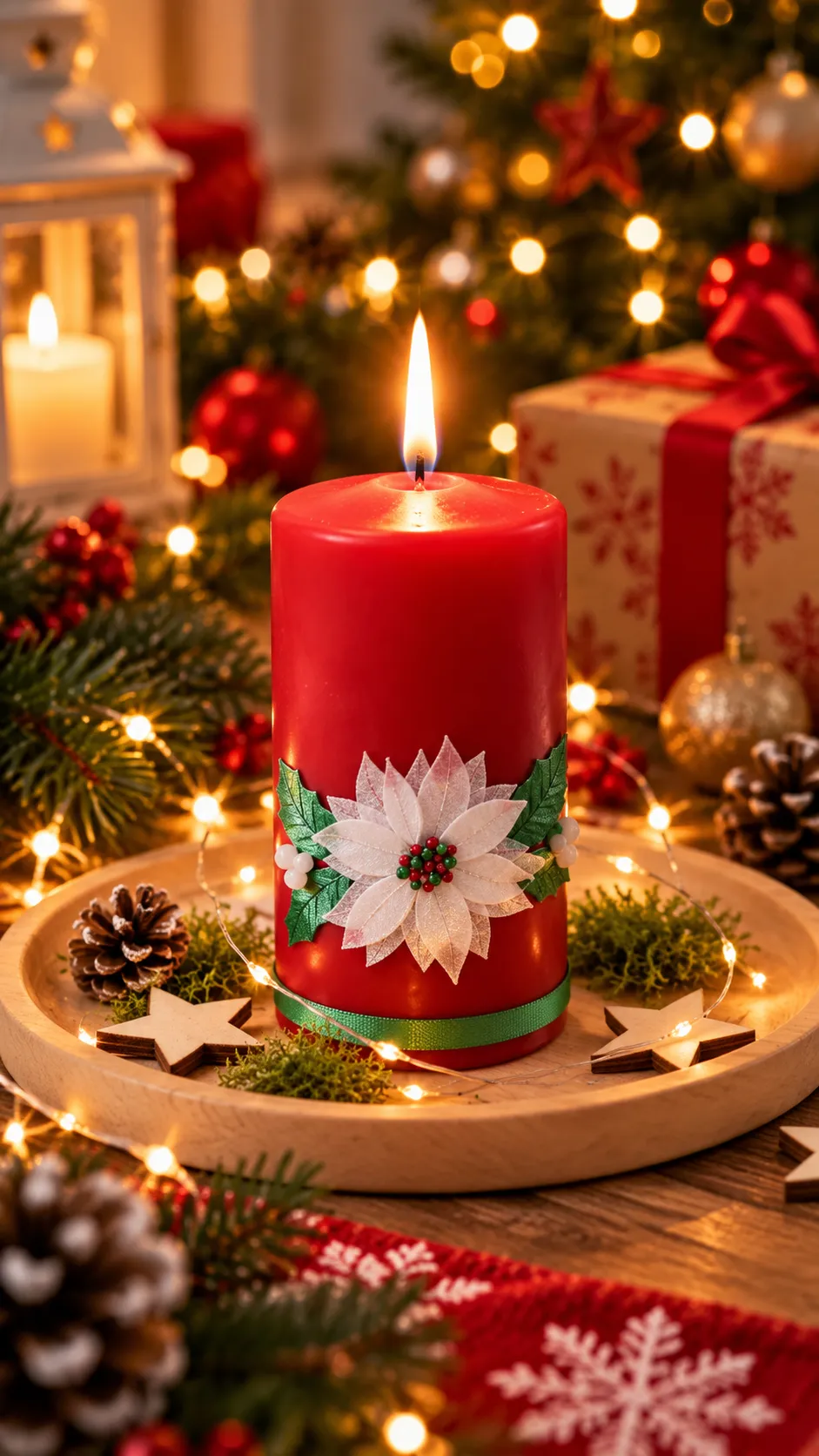 Brennende rote Stumpenkerze mit Poinsettienblüte auf einem weihnachtlich dekorierten Holztablett