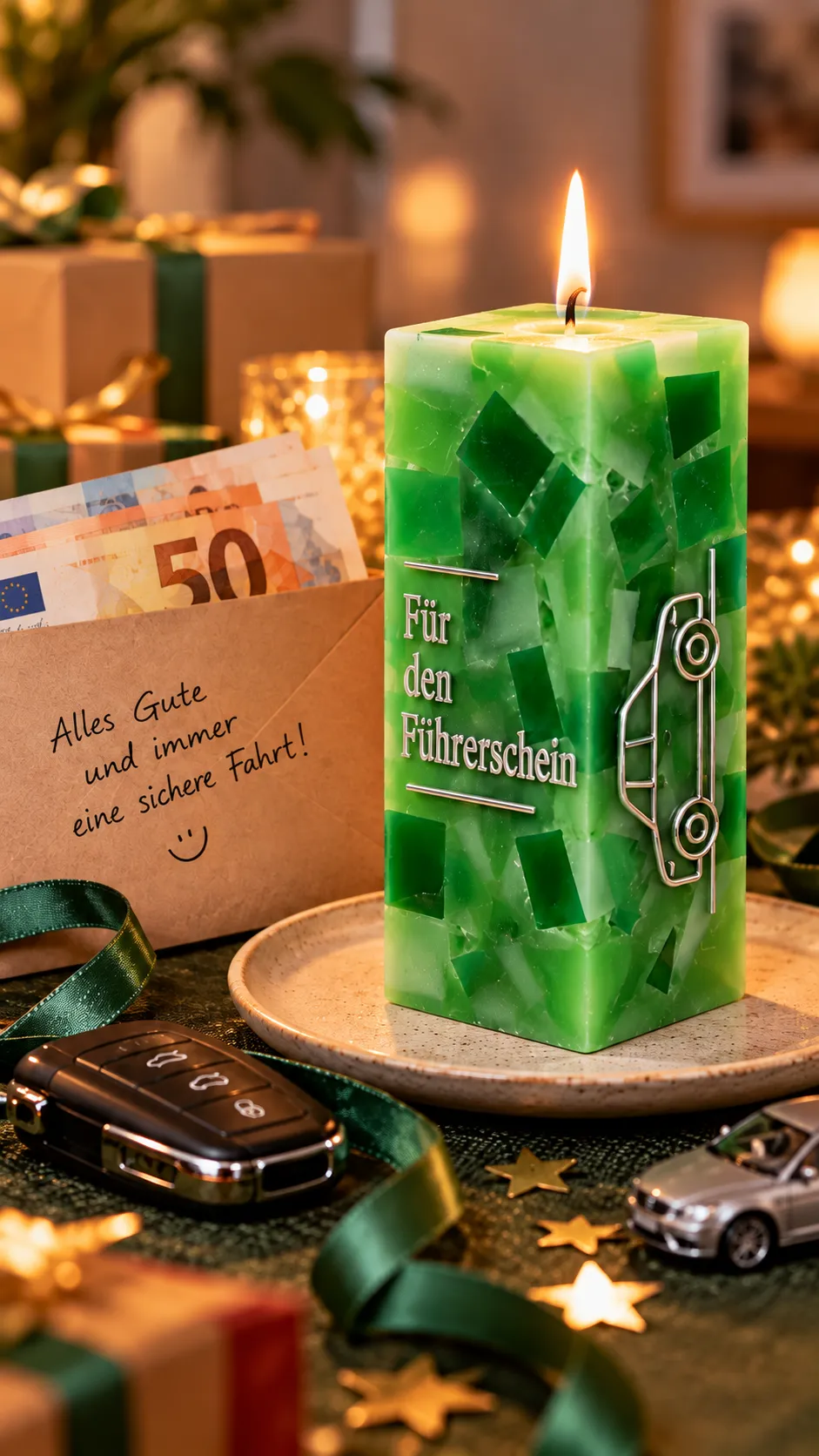 Brennende grüne Kerze mit der Aufschrift „Für den Führerschein“ neben einem Geldumschlag und Autoschlüssel