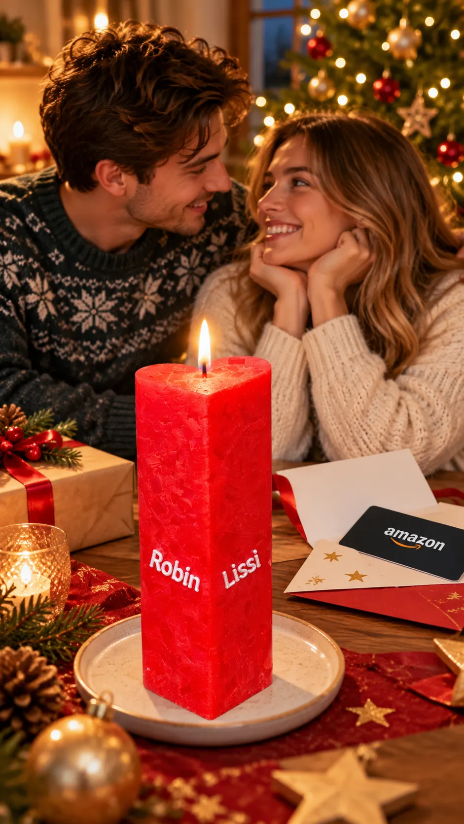 Rote Kerze mit den Namen Robin und Lissi vor einem festlich geschmückten Weihnachtsbaum