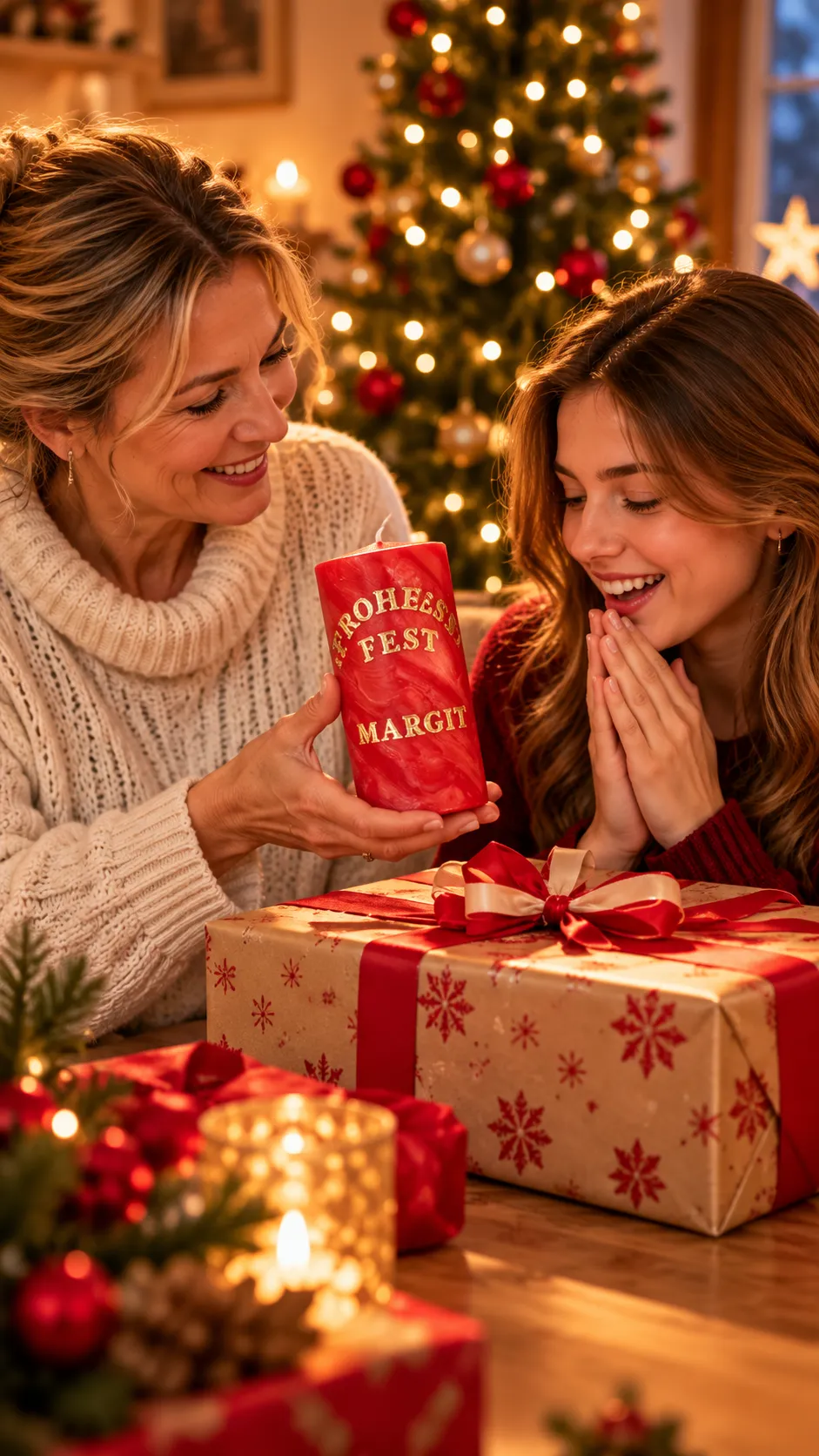 Eine rote Weihnachtskerze wird vor einem geschmückten Weihnachtsbaum überreicht