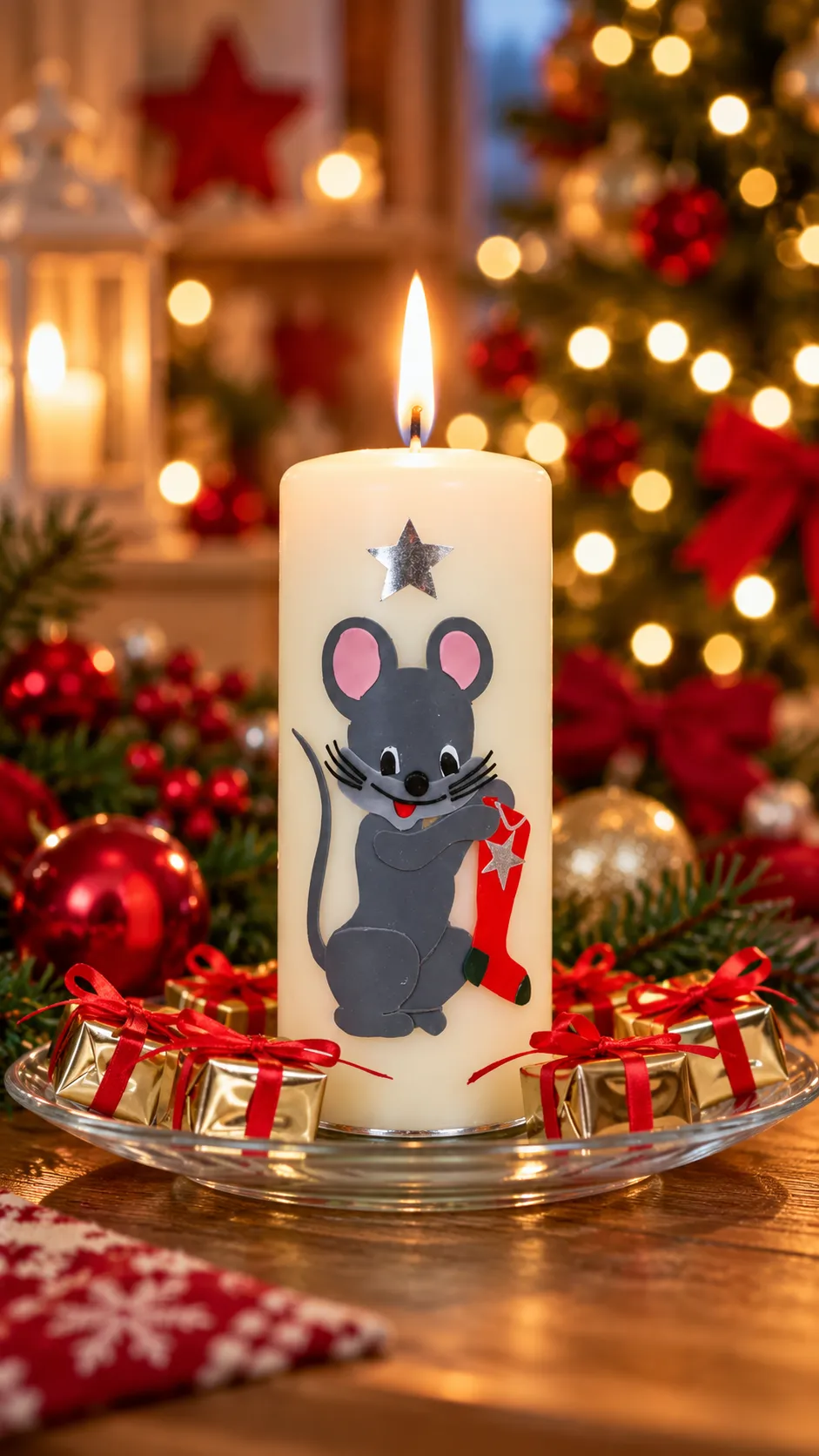 Brennende Weihnachtskerze mit Mausmotiv und kleinen Geschenkpaketen vor einem geschmückten Weihnachtsbaum