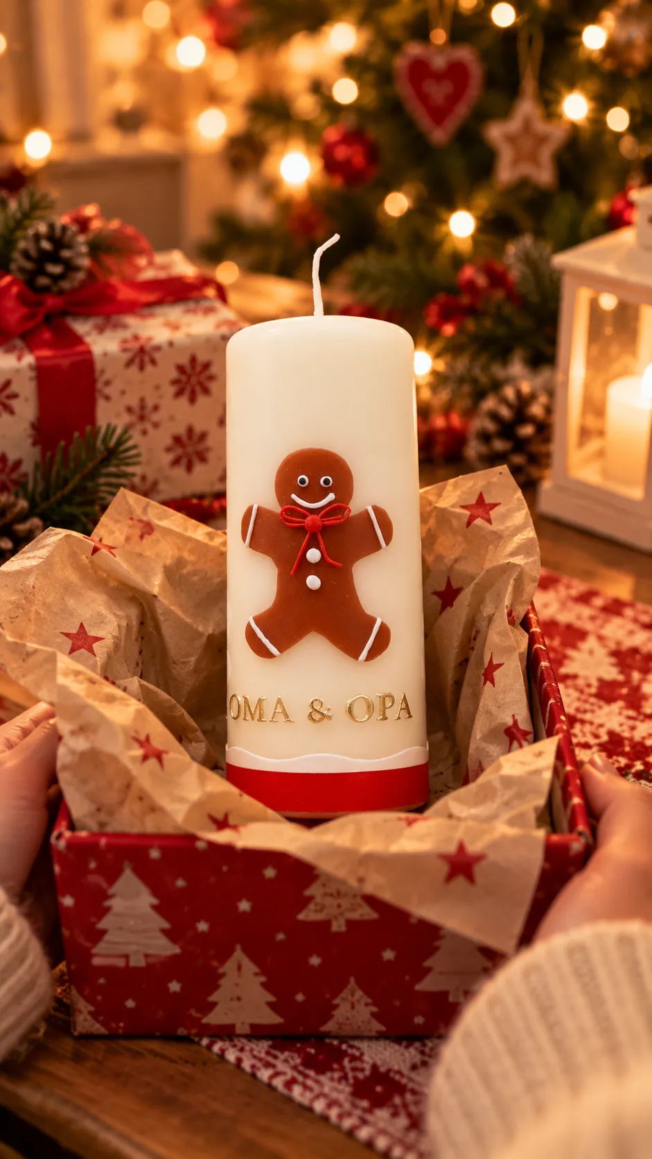 Cremefarbene Weihnachtskerze mit Lebkuchenmann und der Aufschrift „OMA & OPA“ in einem Geschenkpaket