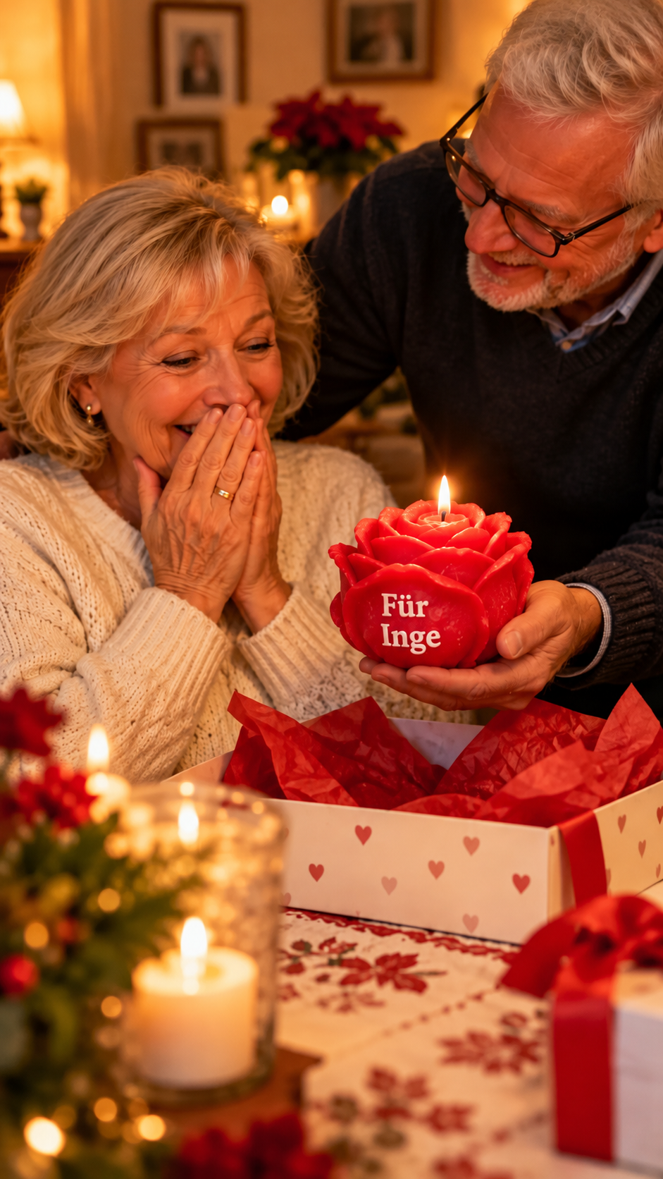 Rote Rosenkerze mit der Aufschrift „Für Inge“ in einer weihnachtlichen Geschenkbox